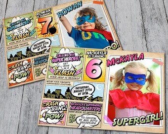 Super héros de bande dessinée anniversaire Invitation garçon ou fille