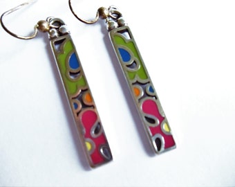 Vintage Multi-Color Enamel Earrings, Dangle Enamel Earrings, Geometric Shape Earrings, Green Earrings, Christmas Jewelry, 1970s'