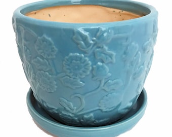 Pastel Blue Floral Planter with Attached Saucer - 6" x 5"