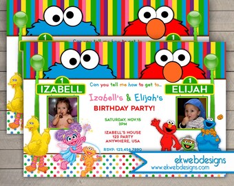 Sesame Street Birthday Invitation - Sesame Street Joint or twins birthday invitation with or without photo