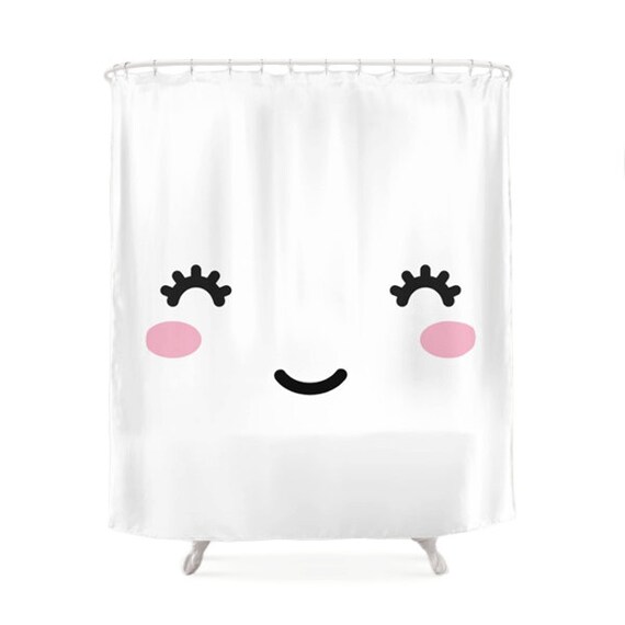Cute Face Shower Curtain Kawaii Illustration White