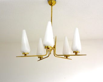 Vintage Italian Mid Century Modern brass chandelier with glass shades 1950s | Stilnovo Era | Hollywood Regency | 5 arms Lights