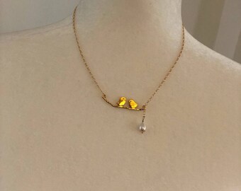 Gold filled necklace ,gold filled jewelry ,gold filled Charms , gift for her ,handmade jewelry ,love birds necklace .