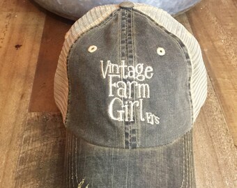 Vintage Farm Girl Trucker Hat, distressed trucker hat, womens hat, baseball cap, gifts for women, cap, hat, mesh trucker hat, mesh cap