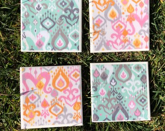 Painted floral design ceramic tile coaster
