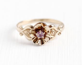 Sale - Vintage Sapphire Ring - 10k Rosy Yellow Gold Genuine Light Pink Sapphire Gem Flower Ring - 1940s Size 4 Pinky Buttercup Fine Jewelry
