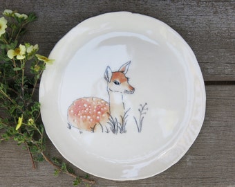 Ceramic Woodland Deer Fawn Hand Drawn Fine Art Plate One of a Kind Gift Idea Home Decor, Handmade Artisan Pottery by Licia Lucas Pfadt
