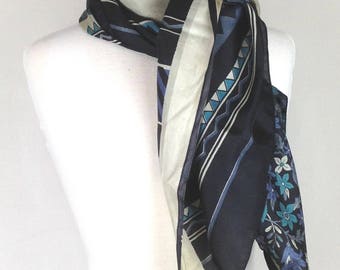 Flower Print Scarf; Blue Silk Scarf; Blue Scarf; Upcycled Silk Scarf