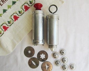 Vintage Mini Cookie Press & Frosting Kit - Small Aluminum Piping Tool / Tube / Gun / Press - Great for Kids - Vintage Bakeware