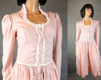 Prairie Girl Dress S Vintage Peachy Pink White Floral Long Sleeve Cotton Blend Free US Shipping