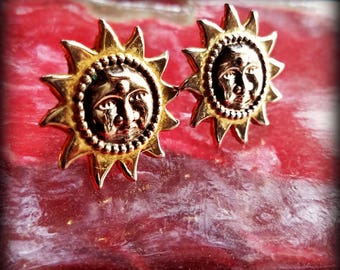 Golden Ray Sun Face Clip On Earrings