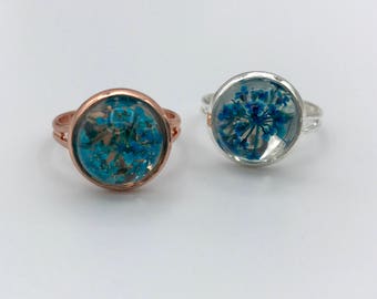Rose gold dried flower ring, Resin flower terrarium ring