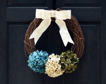 Rustic Summer Wreath, Grapevine Wreath, Hydrangea Wreath, Front Door Wreath, Spring Wreath, Front Door Decor, Door Hanger, Blue Green Wreath