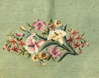 Older Floral Needlepoint, Beautiful Floral Print on Green Background, 20" X 26"