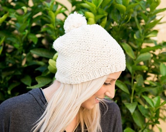 Simple slouchy beanie knitting pattern with pom pom
