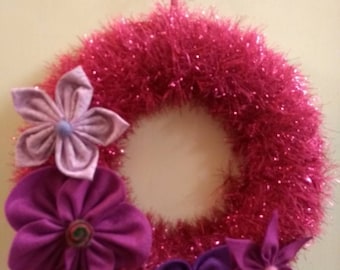 Sparkly pink garland/wreath with handsewn felt & fabric flowers
