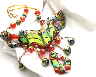 Unique Carnival Mardi Gras Handmade Statement Iridescent Ceramic Breastplate Bib Necklace