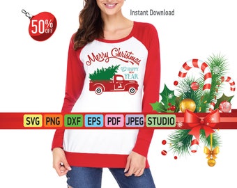 Red truck with Christmas tree SVG file Silhouette Christmas tree SVG for Cricut Red truck Svg Christmas truck with tree DXF Vinyl Clipart