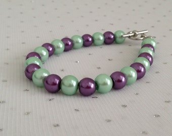 Purple and Mint Wedding Bracelet, Mint Pearl Bracelet, Purple and Mint Bridesmaid Jewelry, Pearl Bridal Jewelry, Purple Beaded Jewelry