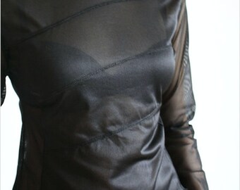 Vintage 90's Black Mesh Hooded Top Long Sleeves See Thru