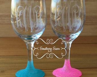 Monogrammed Glitter Wine Glasses - Etched