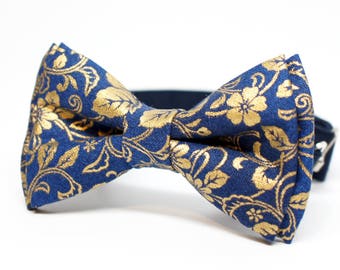 Special Bow Tie - Metallic Gold Pattern on Navy Bow Tie for all ages - pre tied bowtie, wedding, ring bearer, photo prop, holiday