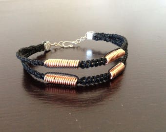 Wire and Cord bracelet with copper coils and chain and hook clasp