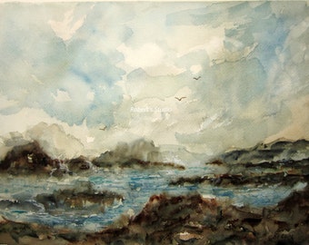 Rocky Shore, Print Of Original Watercolor, seascape painting, landscape watercolor, coastline painting, ocean art, shoreline watercolor.
