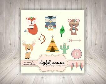 50% OFF SALE! Wild TeePee Tribal Animal Clipart, Tribal Clipart, Fox, Bear, Deer, Owl Clipart, Personal & Commercila Use, Instant Download!