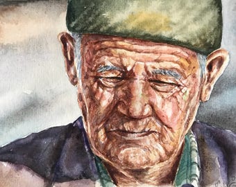 Watercolor portrait,original portrait,old man art,small portrait