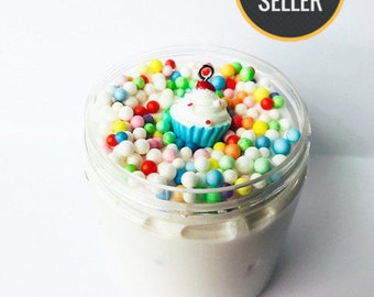 Birthday Cake Butter Slime W/Daiso Cupcake charm Popular Vanilla birthday cake scented slime Birthday gifts/party favor BlissBalm slime shop