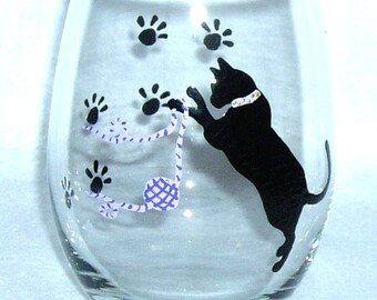 Stemless Wine Glass Cat Silhouette Hand Painted