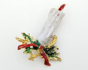 Vintage White Christmas Candle Brooch with Holly Leaves and Red Enamel Bow