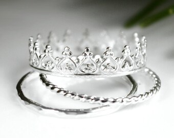 VENDITA - anello corona principessa Tiara anello anello d'argento, Set Set di impilamento