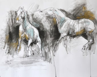 Horses Hierarchy, Original Charcoal Drawing of two Horses, Contemporary Original Fine Art, Animals