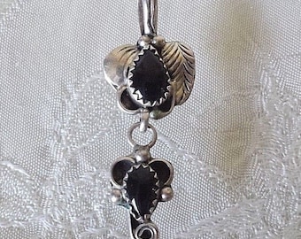 Vintage Navajo Sterling Silver Southwestern Onyx Dangle Pendant 1.75" Estate Find