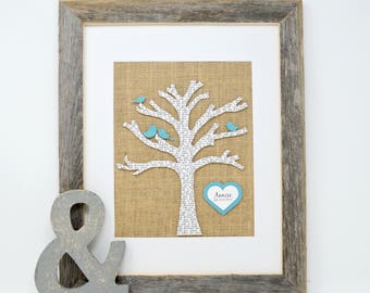 Family Tree- Gift for Her, Gift for mom, Anniversary Gift for Parents, 3D Wall Art, Burlap Decor, Tree with Birds, Anniversary Gift, Birds