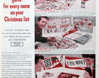 1959 Milton Bradley Board Games Ad - 1950s Family Game Night, Chutes & Ladders, Candy Land, Rack-O - Vintage Advertising