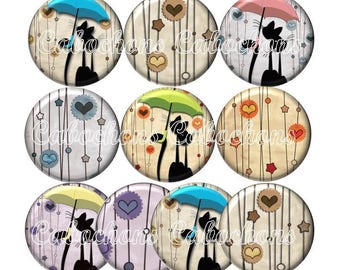 Set of 10 20mm glass cat silhouette, umbrella, ZC179 cabochons