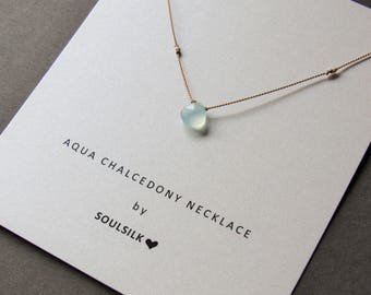 AQUA CHALCEDONY and fine SILVER nuggets necklace on a fine silk cord woman's gift card dainty gemstone layering