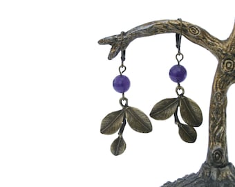 Earrings, handmade, with bronze leaves and amehtist, free shipping