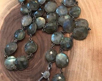 Bezel labradorite necklace, pave diamond clasp necklace, gemstone necklace, labradorite gemstone necklace with pave diamond clasp