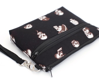 Black and White Voodoo Skull Wristlet with removable strap - punk rock