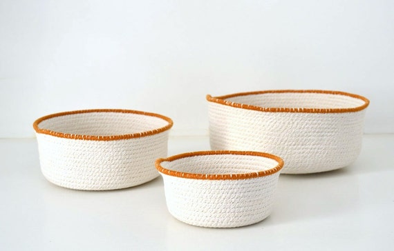 Centrepiece bowls, Camel and white Fabric coiled bowls, Cotton housewares, Stylish simple decor, Beach decor Rope basket Mediterranean decor