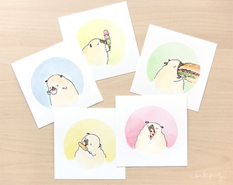 Treat Pugs Set of Prints - Pug Wall Art Set, Pug Decor, Cute Pug Art, Food Art for Kitchen Decor, Small Pug Paintings by Inkpug