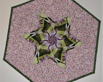 Spring Quilted Table Topper, Floral Hexagon Table Mat, Kaleidoscope Table Topper, Lavender and Green Easter Table Topper, Quiltsy Handmade
