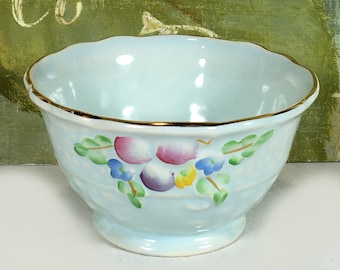 Vintage Crown Devon Open Sugar Bowl - Robins Egg Blue, Basket Weave, Handpainted Fruit and Flowers
