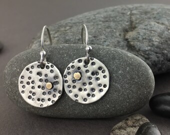 Silver Earrings, Small Dangle Earrings, Mixed Metal Earrings, Hand Stamped Earrings, Handmade Earrings, Bronze Earrings, Small Earrings