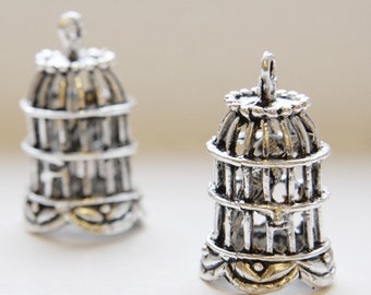 One Oxidized Silver Tone Base Metal Pendant-Cage with Bird 42x25mm (1491X-E-503)