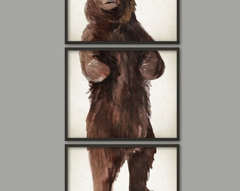 Grizzly Bear Watercolor Art Poster Set Of 3